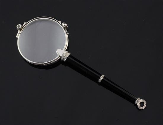 A pair of 1920s/1930s French platinum, onyx and diamond set lorgnettes, 4.25in.